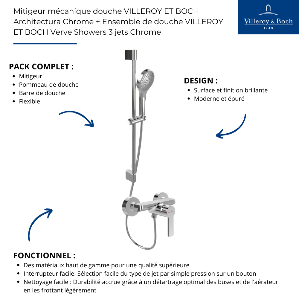 Mitigeur mécanique douche VILLEROY ET BOCH Architectura Chrome + Ensemble de douche VILLEROY ET BOCH Verve Showers 3 jets Chrome