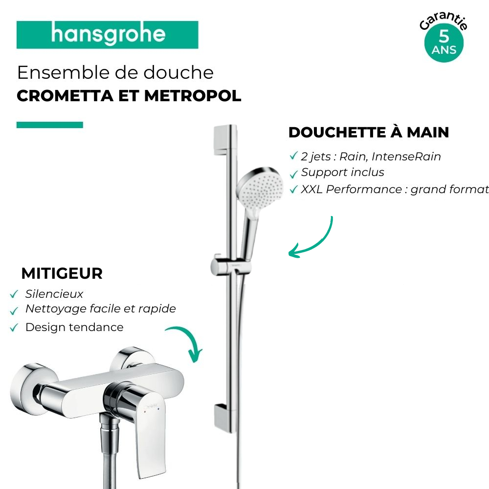 Mitigeur mécanique pour douche + ensemble de douche 2 jets chrome hansgrohe | Batinea