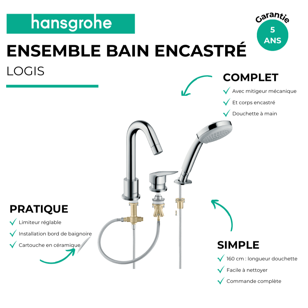 Mitigeur bain douche 3 trous HANSGROHE Logis chromé + corps encastré 71313000_13439180 | Batinea