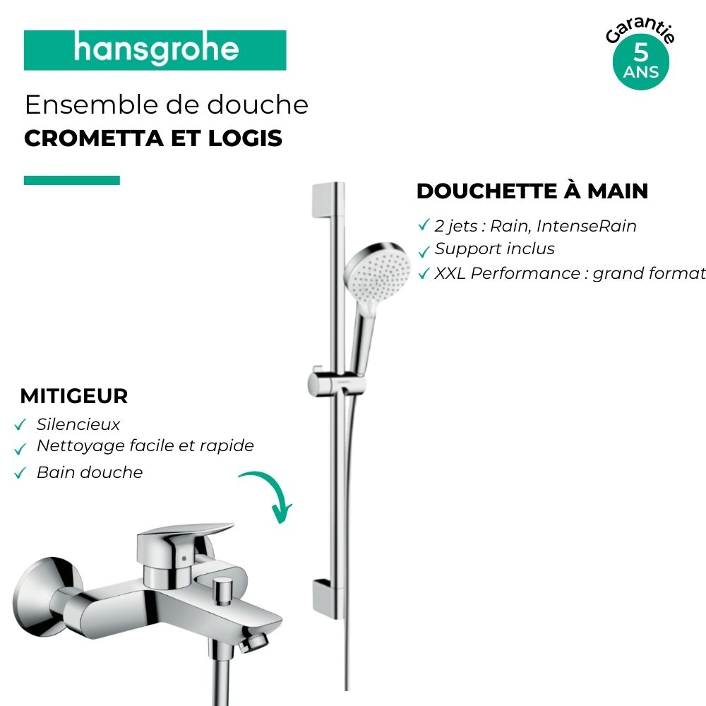 Pack mitigeur bain douche HANSGROHE Logis + ensemble de douche HANSGROHE Crometta chromé | Batinea