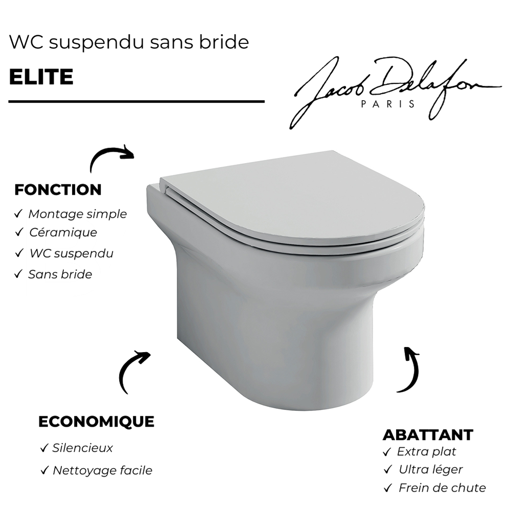 WC suspendu sans bride Elite Jacob Delafon + abattant | Batinea