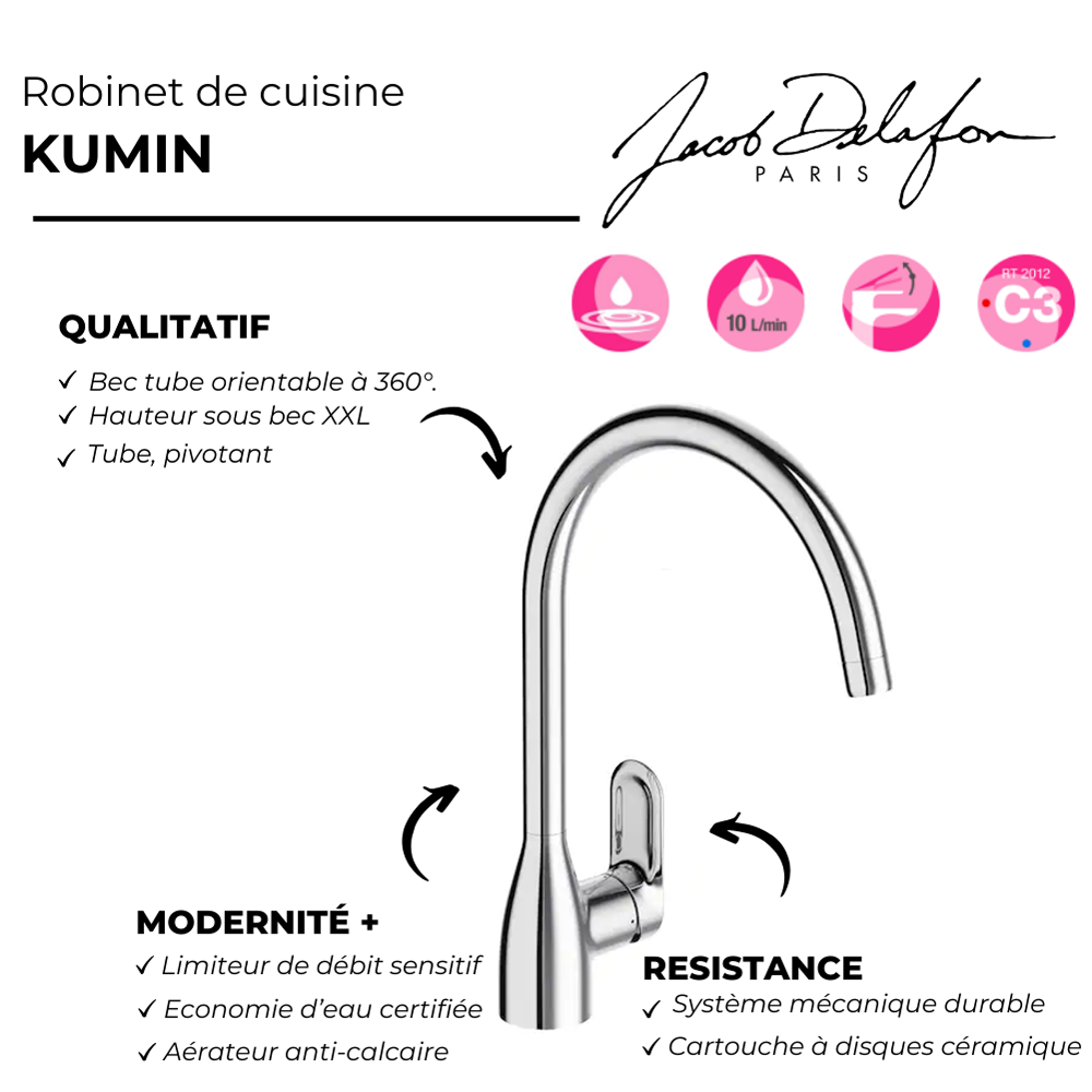 Robinet de cuisine JACOB DELAFON Kumin chrome | Batinea