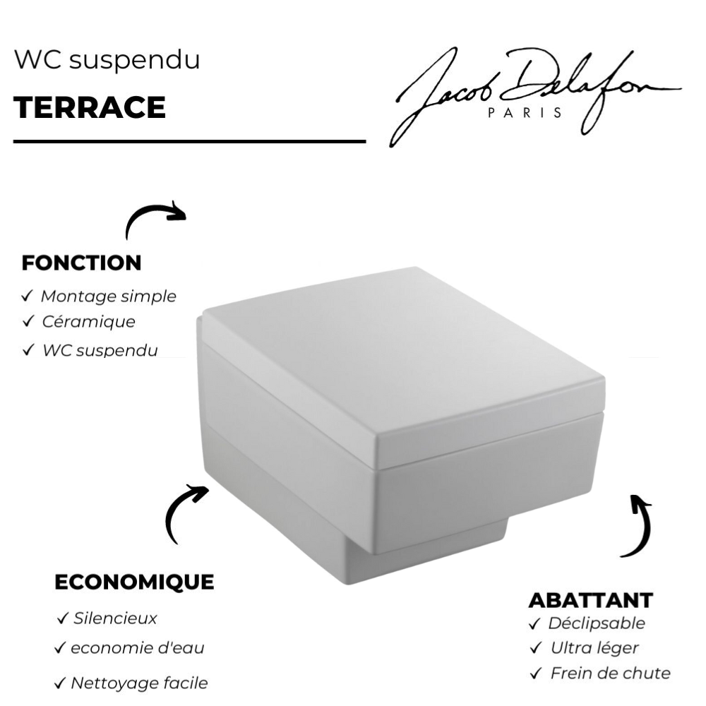 WC suspendu JACOB DELAFON Terrace + Abattant | Economie d'eau | Batinea