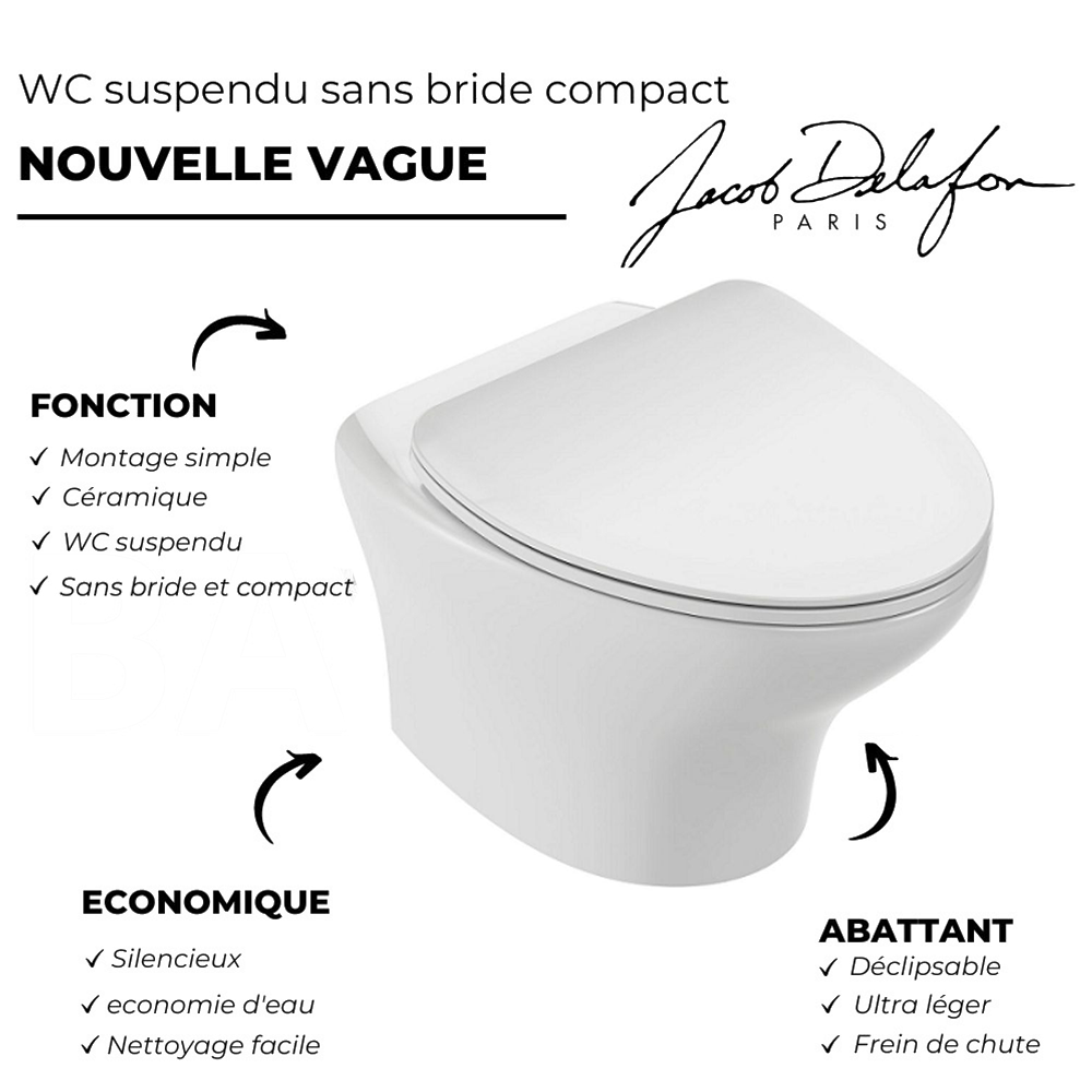 Pack WC suspendu sans bride compact JACOB DELAFON Nouvelle vague + bati support + plaque noir brillant noir mat + accessoires