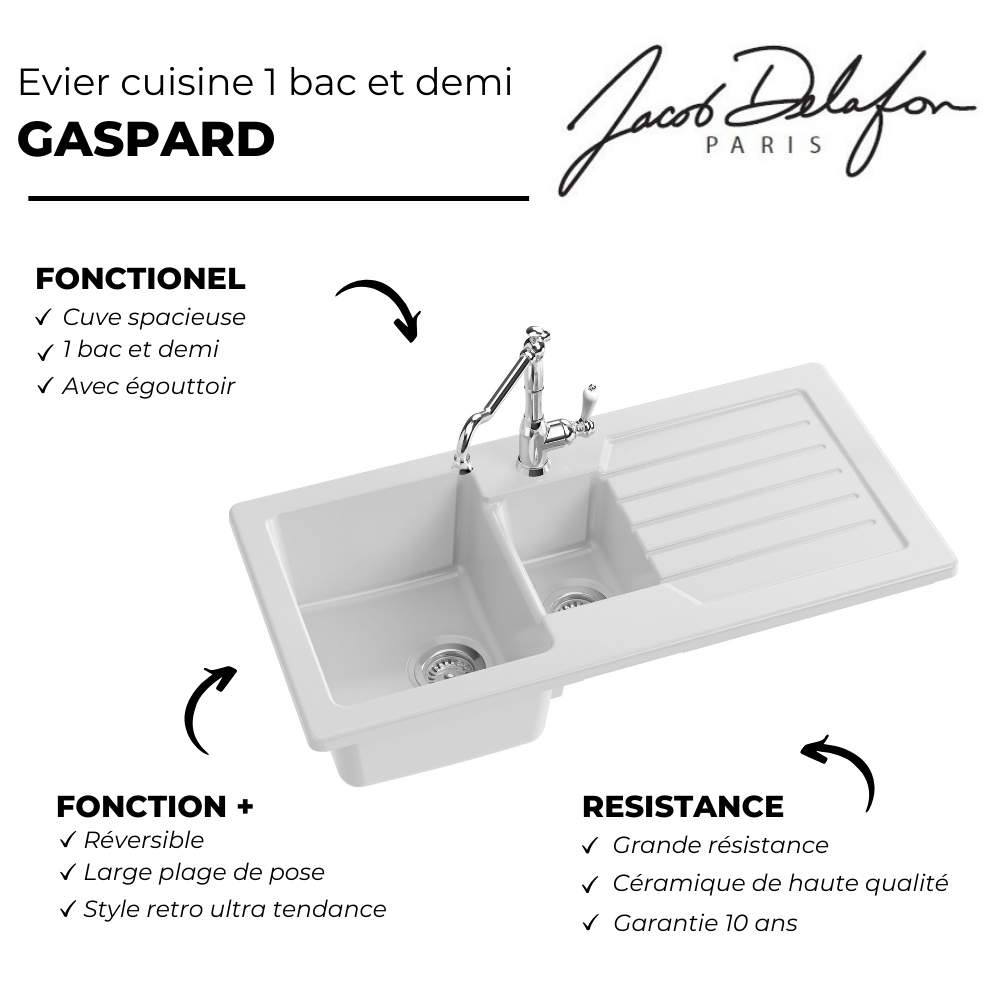 Evier à encastrer 1 bac et demi JACOB DELAFON Gaspard + robinet de cuisine Louise point fort