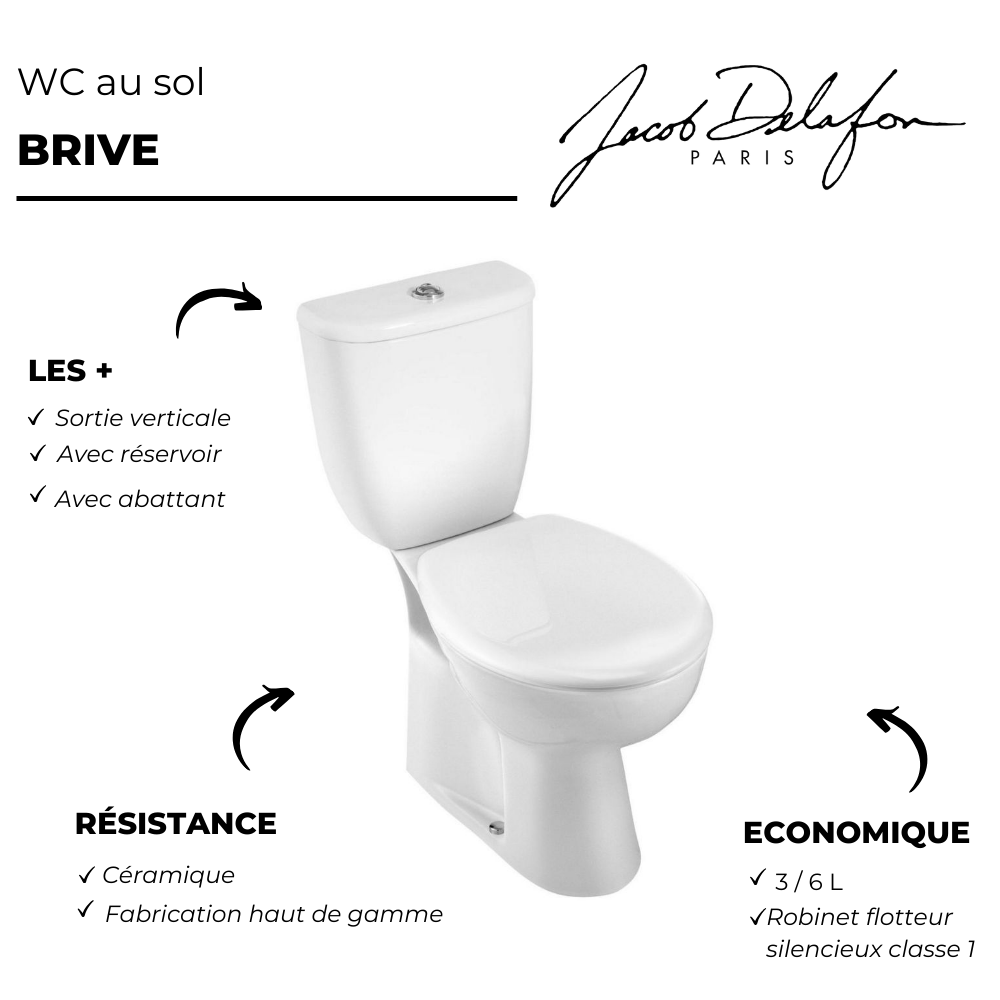 WC à poser sortie verticale JACOB DELAFON Brive 3 + réservoir + abattant point fort
