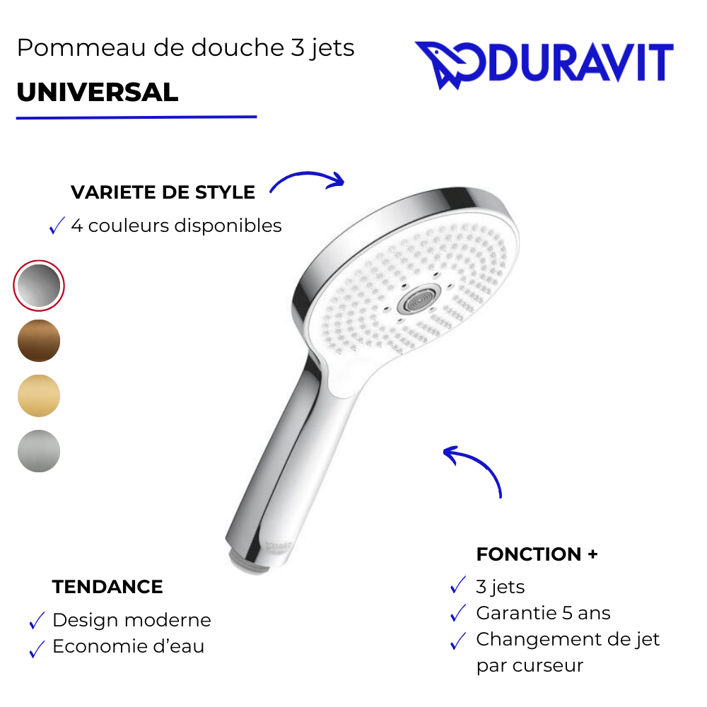 Pommeau de douche 3 jets DURAVIT Universal avec curseur | Batinea