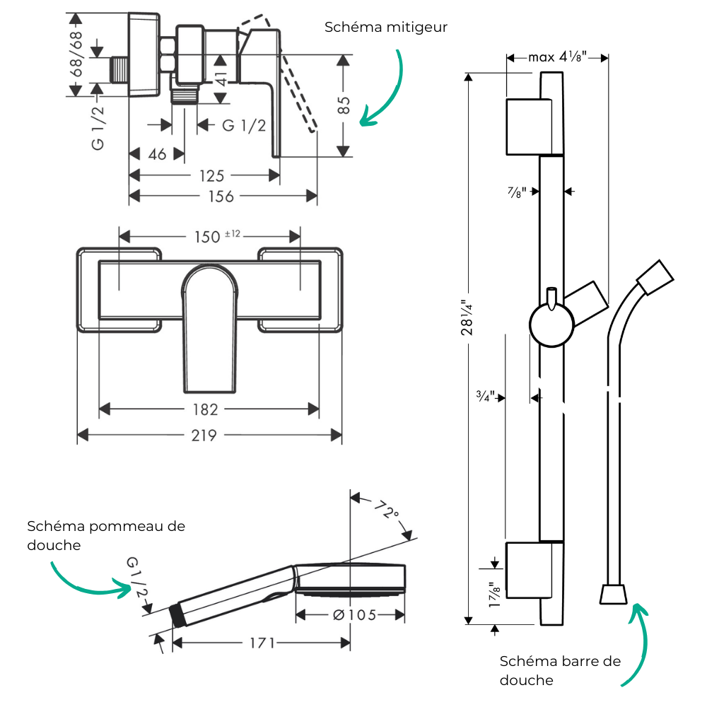 Pack mitigeur douche mécanique HANSGROHE Vernis Shape + Barre Unica S Puro 65 cm + flexible + Pommeau Pulsify Select 3 jets Pack