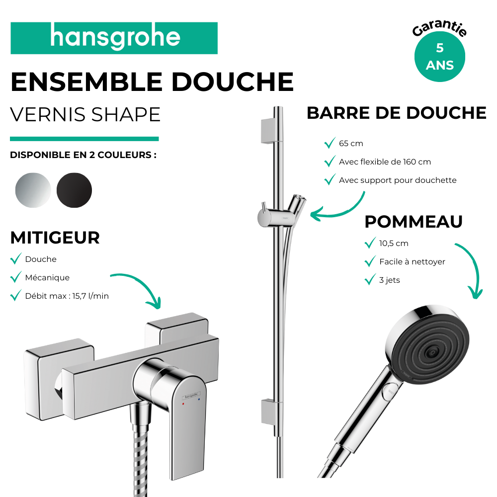 Pack mitigeur douche mécanique HANSGROHE Vernis Shape + Barre Unica S Puro 65 cm + flexible + Pommeau Pulsify Select 3 jets Pack