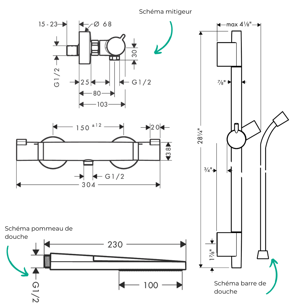 Pack mitigeur douche thermostatique HANSGROHE Ecostat Comfort + Barre Unica S Puro 65 cm + flexible + Pommeau Pulsify E | Batine