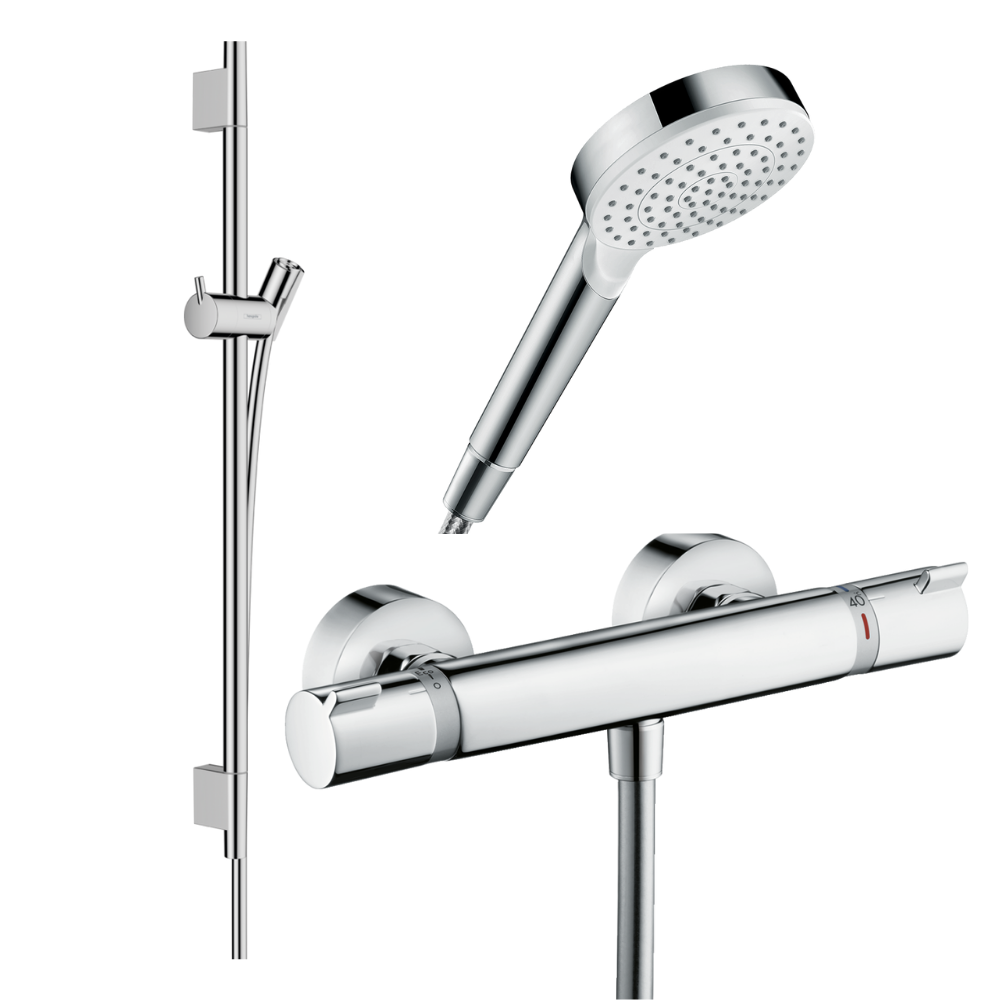 Pack mitigeur douche thermostatique HANSGROHE Ecostat Comfort + Barre Unica S Puro + flexible + Pommeau Crometta blanc/chromé