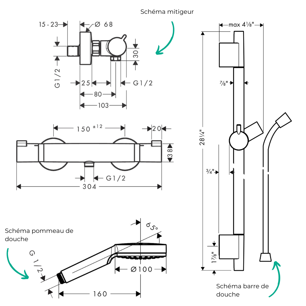 Pack mitigeur douche thermostatique HANSGROHE Ecostat Comfort + Barre Unica S Puro + flexible + Pommeau Crometta blanc/chromé 13