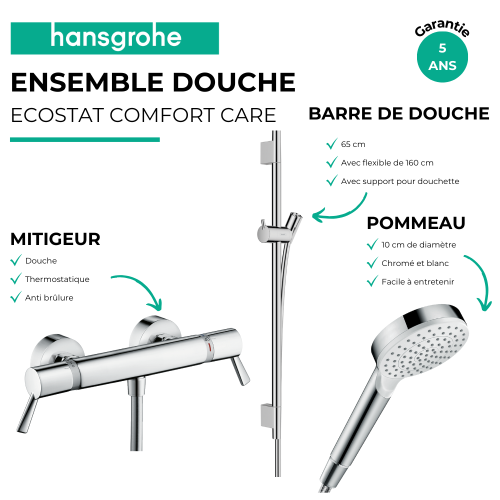 Pack mitigeur douche thermostatique HANSGROHE Ecostat Comfort Care + Barre Unica S Puro + flexible + Pommeau Crometta blanc/chro