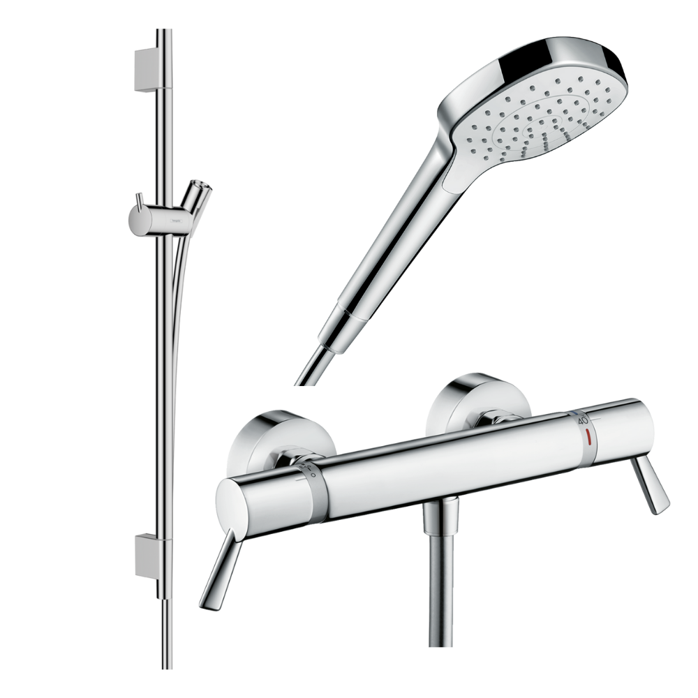 Pack mitigeur douche thermostatique HANSGROHE Ecostat Comfort Care + Barre Unica S Puro + flexible + Pommeau Croma Select E blan