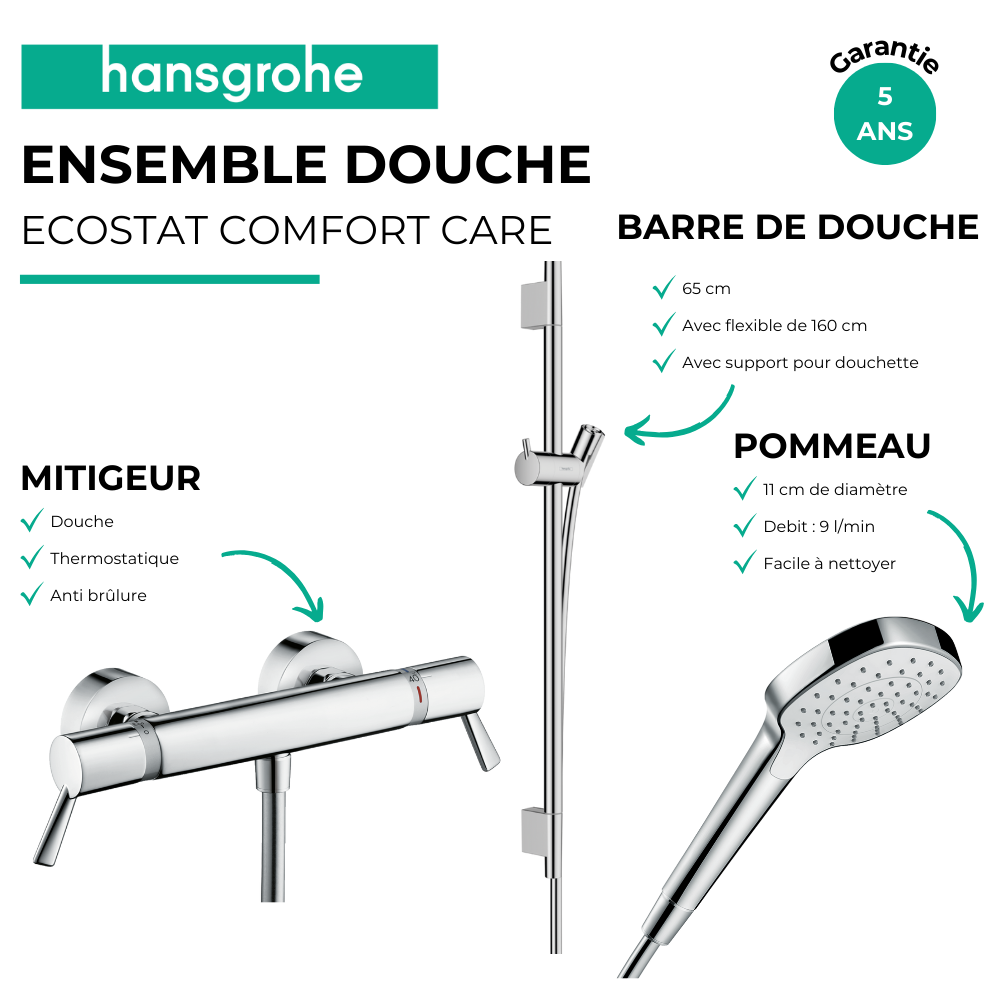 Pack mitigeur douche thermostatique HANSGROHE Ecostat Comfort Care + Barre Unica S Puro + flexible + Pommeau Croma Select E blan
