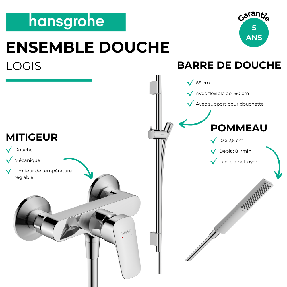 Pack mitigeur douche mécanique HANSGROHE Logis + Barre Unica S Puro + flexible + Pommeau Pulsify E chromé 71600000_28632000_2432