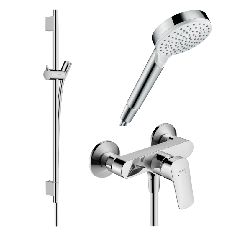 Pack mitigeur douche mécanique HANSGROHE Logis + Barre Unica S Puro + flexible + Pommeau Crometta blanc/chromé