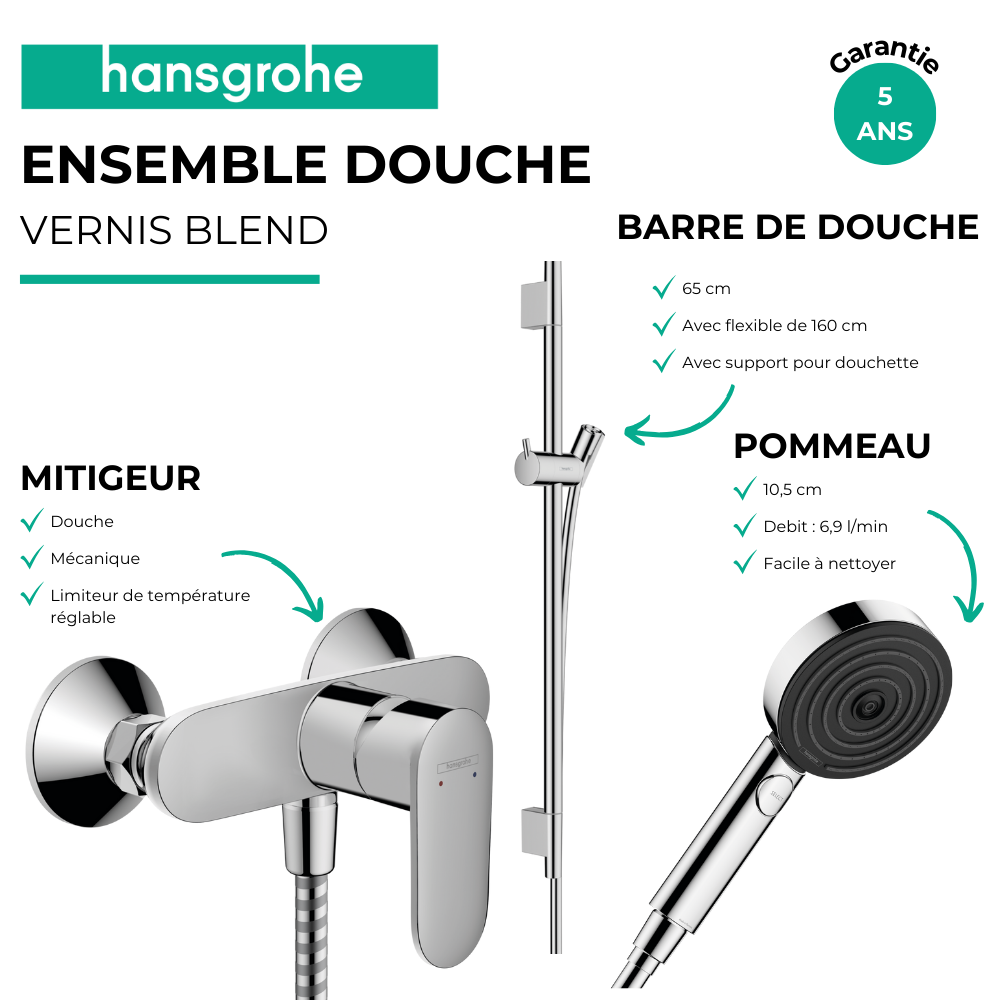 Pack mitigeur douche mécanique cartouche 2 vitesses HANSGROHE Vernis Blend + Barre Unica S Puro + flexible + Pommeau Pulsify Sel