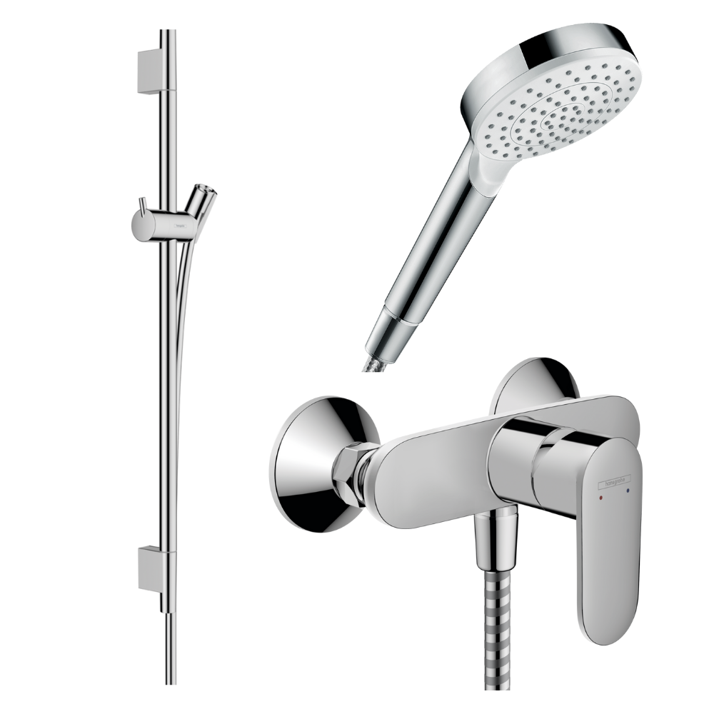 Pack mitigeur douche mécanique cartouche 2 vitesses HANSGROHE Vernis Blend + Barre Unica S Puro + flexible + Pommeau Crometta bl