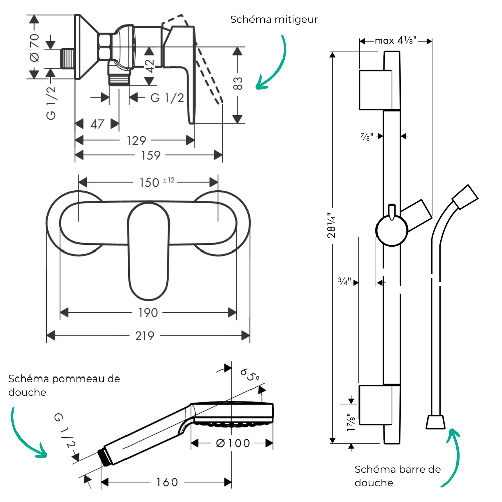 Pack mitigeur douche mécanique cartouche 2 vitesses HANSGROHE Vernis Blend + Barre Unica S Puro + flexible + Pommeau Crometta bl