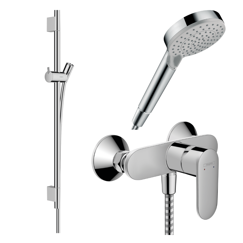 Pack mitigeur douche mécanique HANSGROHE Vernis Blend Economie d'eau + Barre Unica S Puro + flexible + Pommeau Vernis Blend