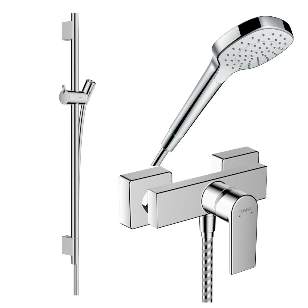 Pack mitigeur douche mécanique HANSGROHE Vernis Shape + Barre Unica S Puro + flexible + Pommeau Croma Select E blanc/chromé
