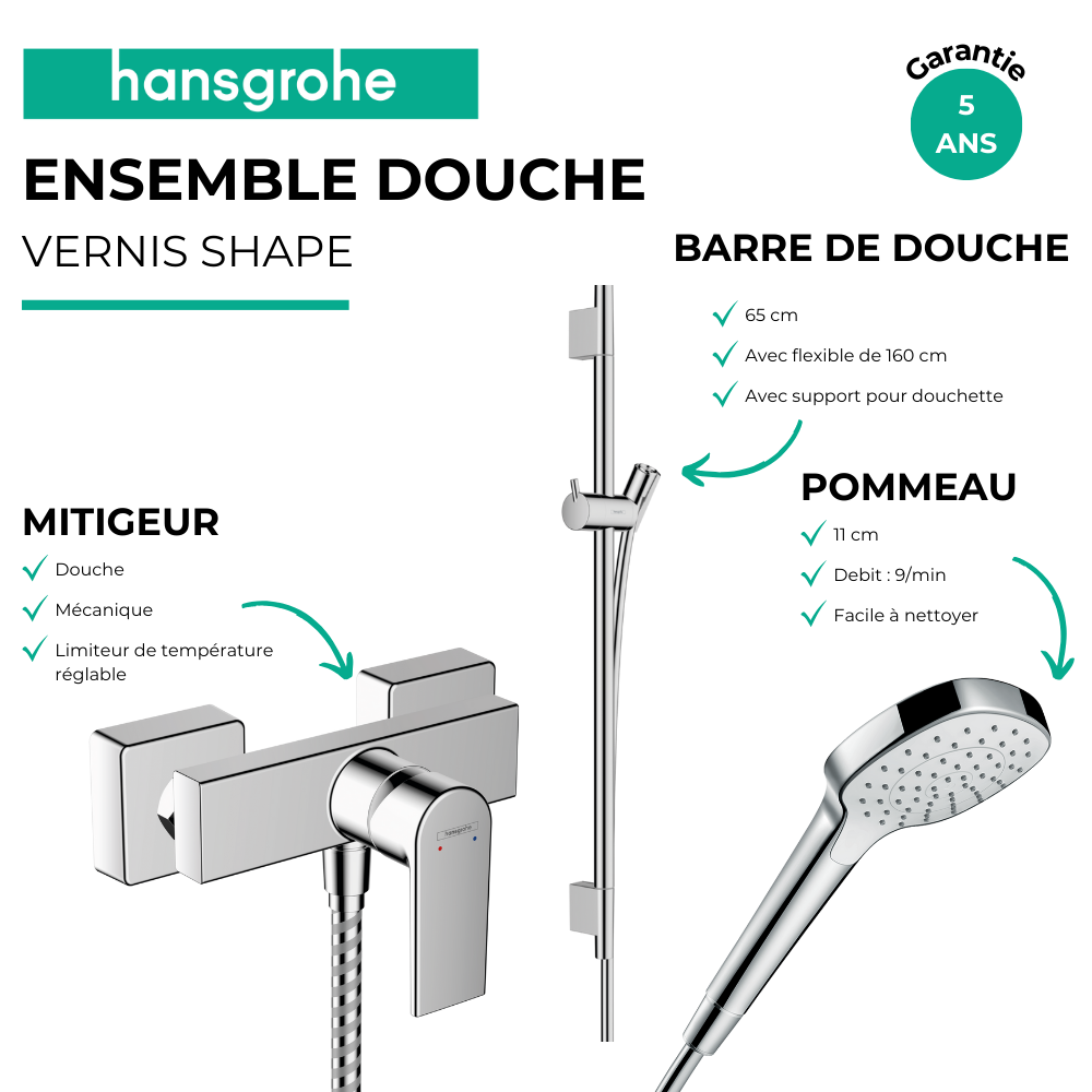 Pack mitigeur douche mécanique HANSGROHE Vernis Shape + Barre Unica S Puro + flexible + Pommeau Croma Select E blanc/chromé 7165