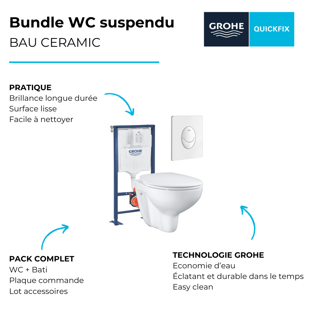 Pack WC suspendu sans bride GROHE Bau ceramic + Bâti support Solido + abattant + plaque ovale blanc alpin