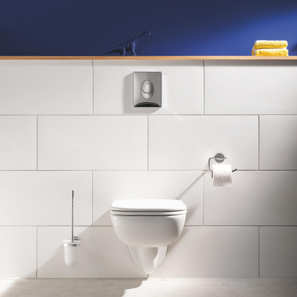 Pack WC suspendu sans bride GROHE Bau ceramic + Bâti support Solido + abattant + plaque ovale chromé + dérouleur