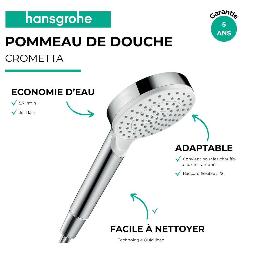 Avantages du pommeau de douche HANSGROHE Crometta Ecosmart+ blanc/chromé