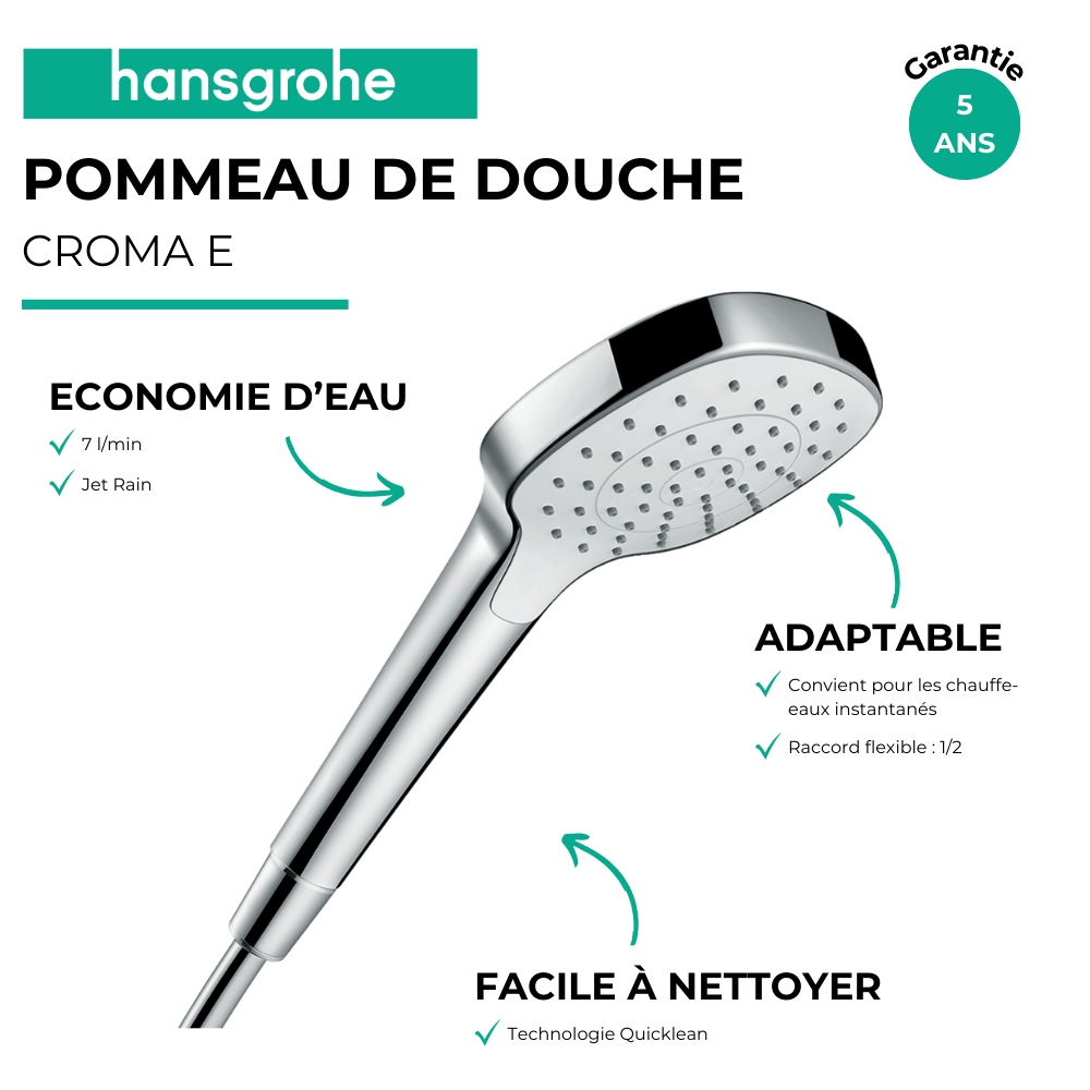 Les avantages du pommeau de douche HANSGROHE Croma Select E 110 EcoSmart+ blanc/chromé
