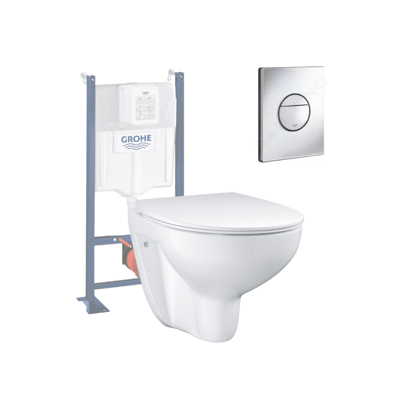 Pack WC sans bride Bau Ceramic Set de toilette Slim avec abattant + Bâti support Rapid SL + Plaque de commande WC rond chromé