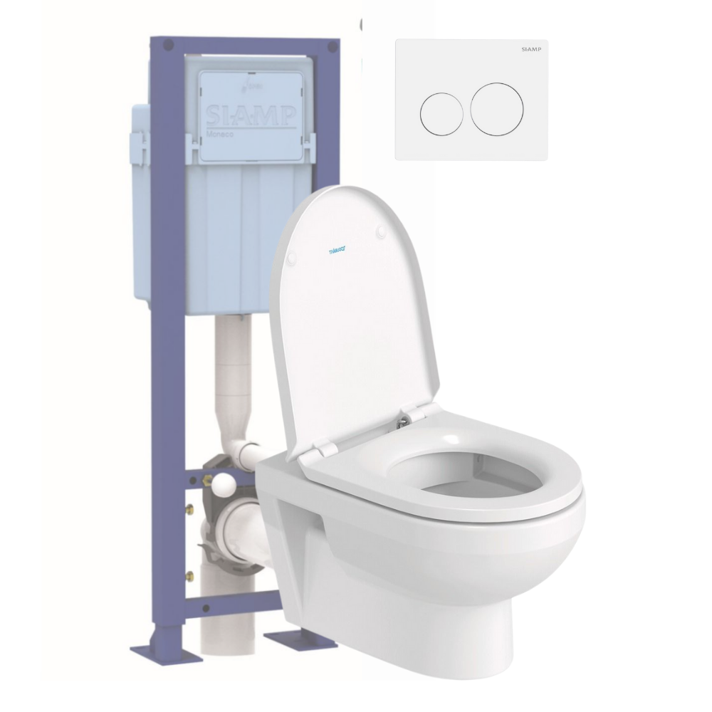 Pack WC suspendu sans bride DURAVIT Duravit No.1 avec abattant frein de chute + bati support SIAMP + Plaque de commande blanche
