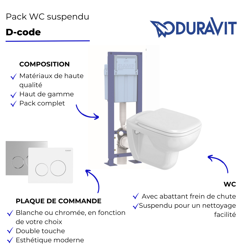 Pack WC suspendu DURAVIT D-code avec abattant + bati support SIAMP + Plaque de commande