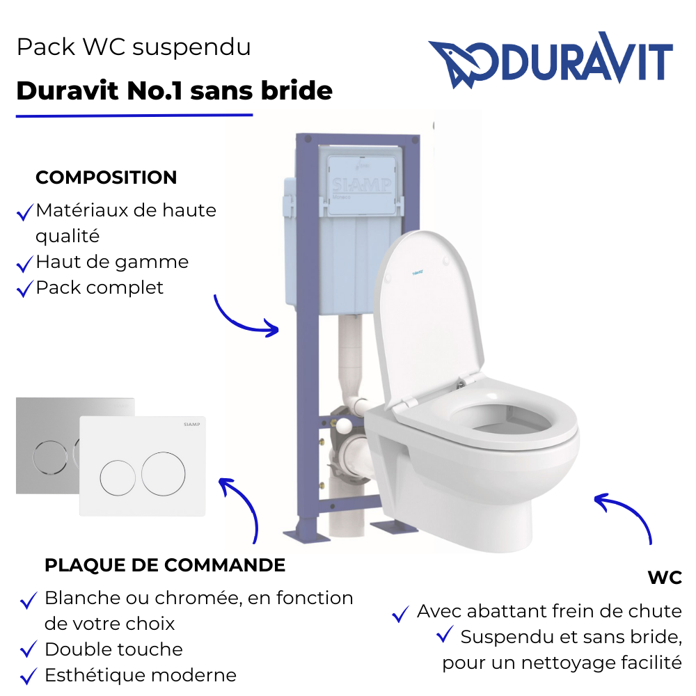 Pack WC suspendu sans bride DURAVIT Me by Starck + bâti support SIAMP + plaque