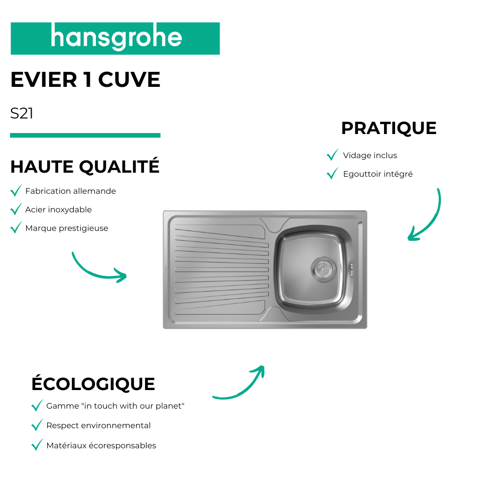 Evier 1 bac HANSGROHE S21 inox + robinet de cuisine HANSGROHE Logis M31 160 chromé | Batinea