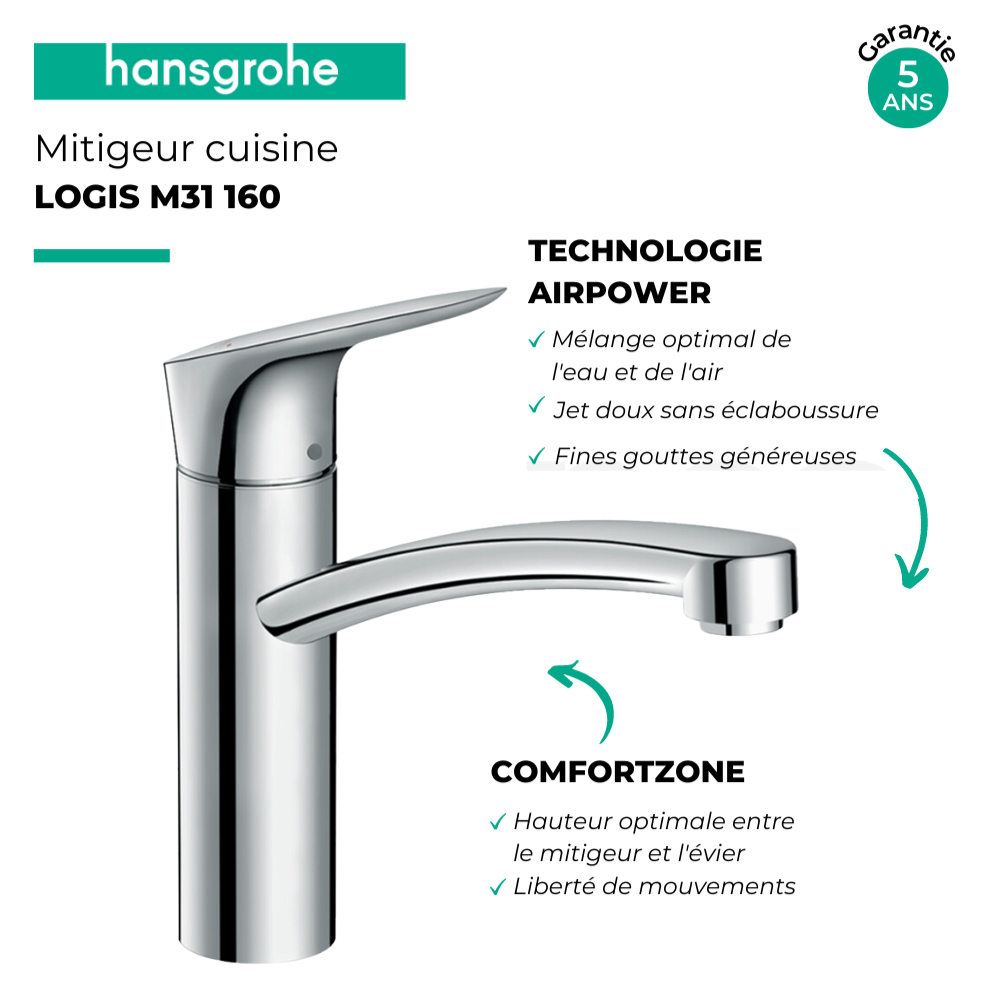 Evier 1 bac HANSGROHE S21 inox + robinet de cuisine HANSGROHE Logis M31 160 chromé | Batinea