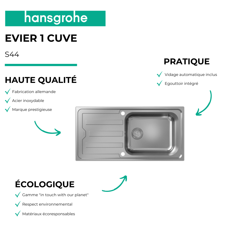 Evier 1 bac HANSGROHE S44 inox + robinet de cuisine HANSGROHE Focus M41 160 chromé | Batinea