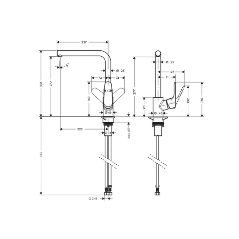 Evier 1 bac HANSGROHE S44 inox + robinet de cuisine HANSGROHE Focus M41 160 chromé | Batinea