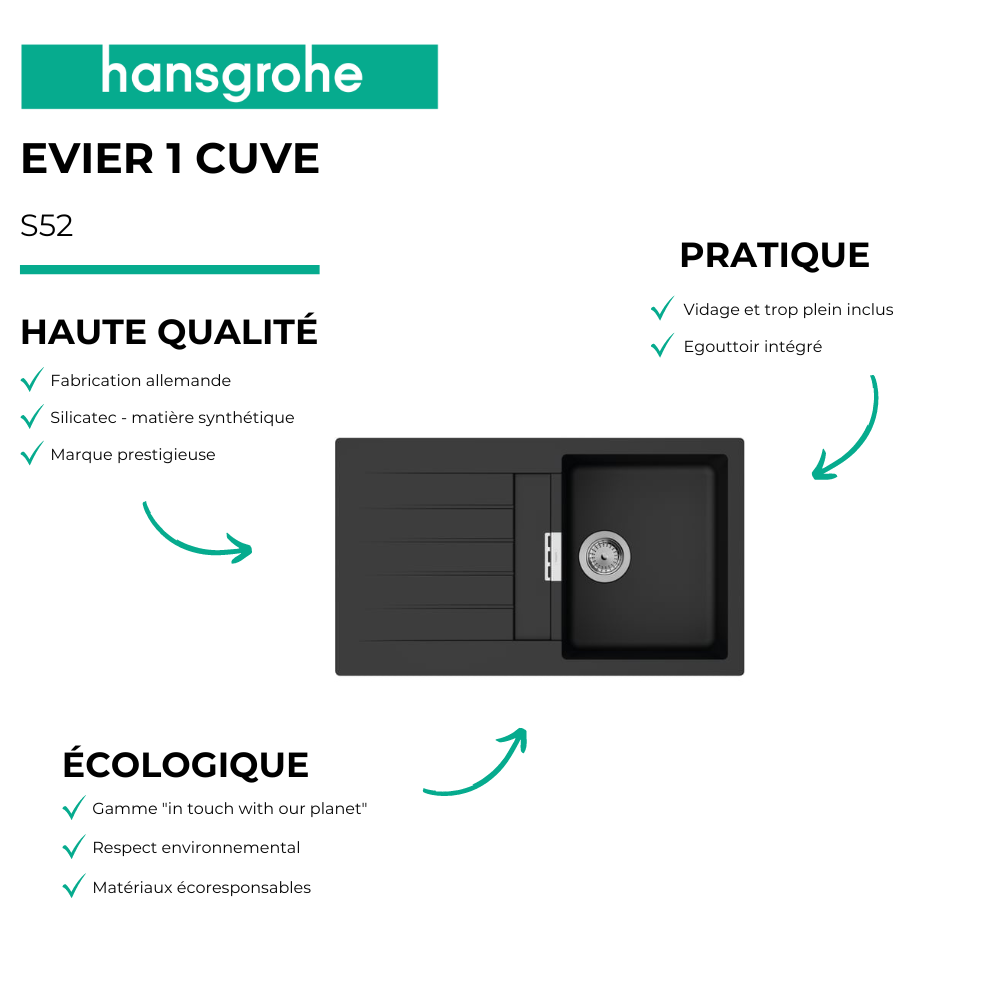 Evier 1 bac HANSGROHE S52 synthèse noir + robinet de cuisine HANSGROHE Vernis Blend M35 210 | Batinea