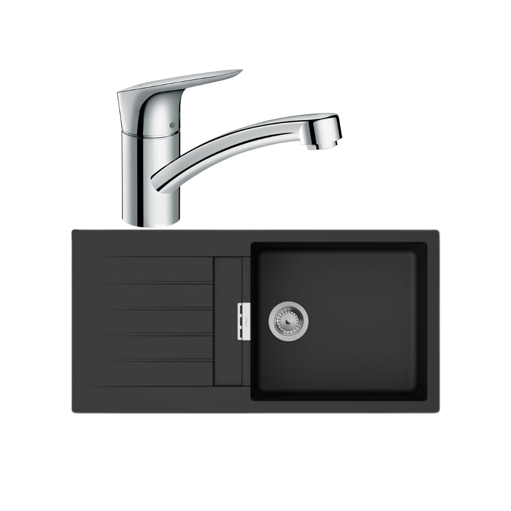 Evier 1 bac 980 HANSGROHE S52 synthèse noir + robinet de cuisine HANSGROHE Logis M31 120 chromé