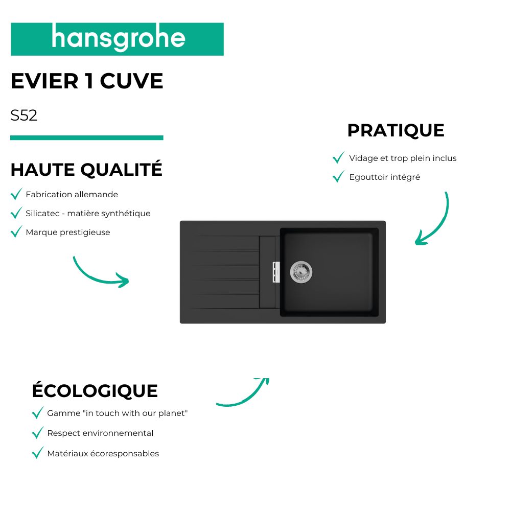 Evier 1 bac HANSGROHE S52 synthèse noir + robinet de cuisine HANSGROHE Logis M31 160 chromé | Batinea