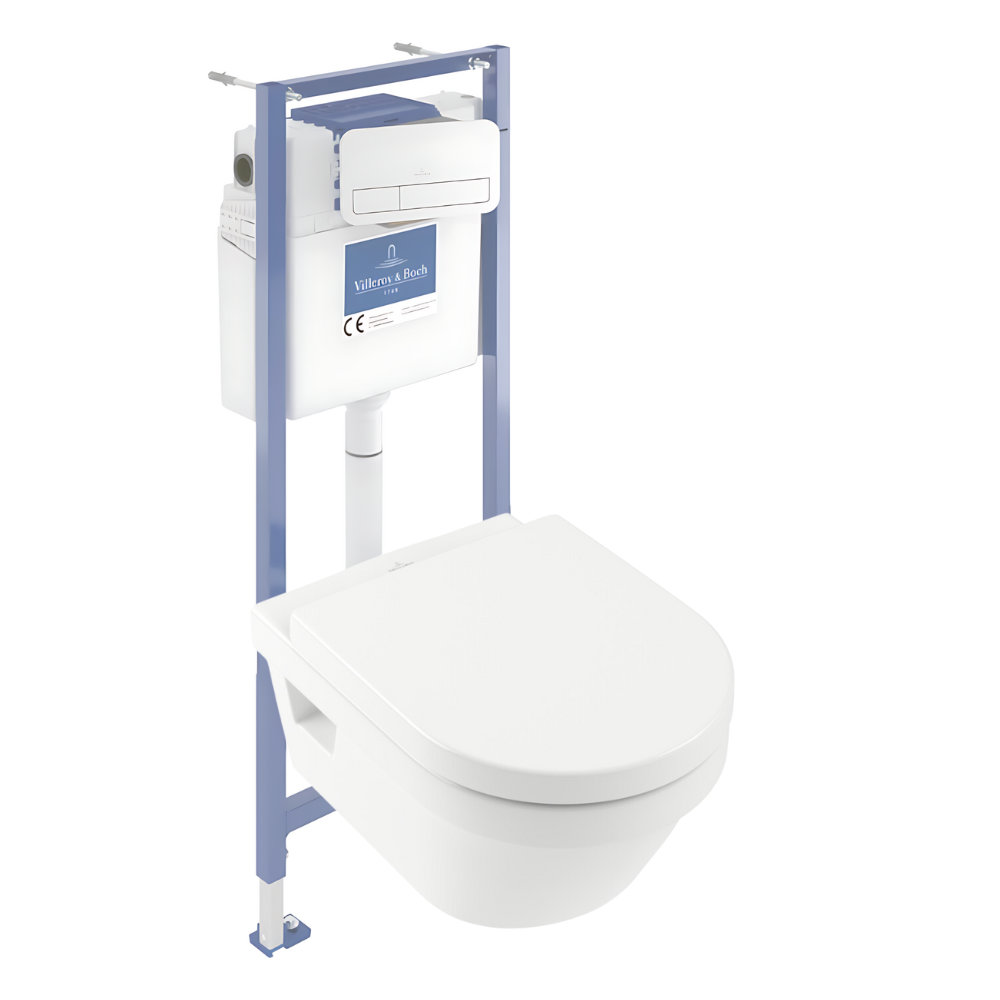 Présentation du Pack WC sans bride VILLEROY ET BOCH Architectura avec abattant + bâti-support sol et mur Viconnect PRO + plaque 