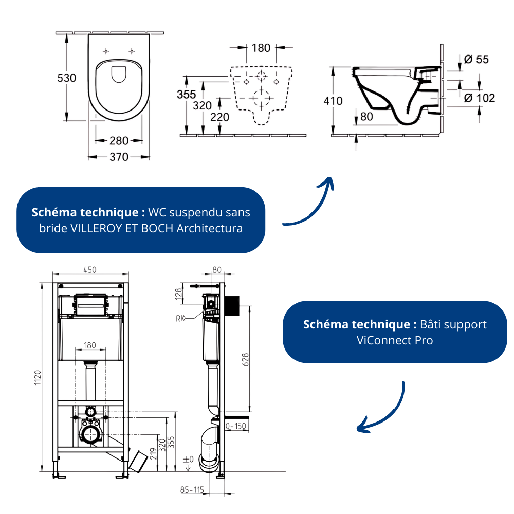 Le schéma technique du Pack WC sans bride VILLEROY ET BOCH Architectura avec abattant + bâti-support sol et mur Viconnect PRO + 
