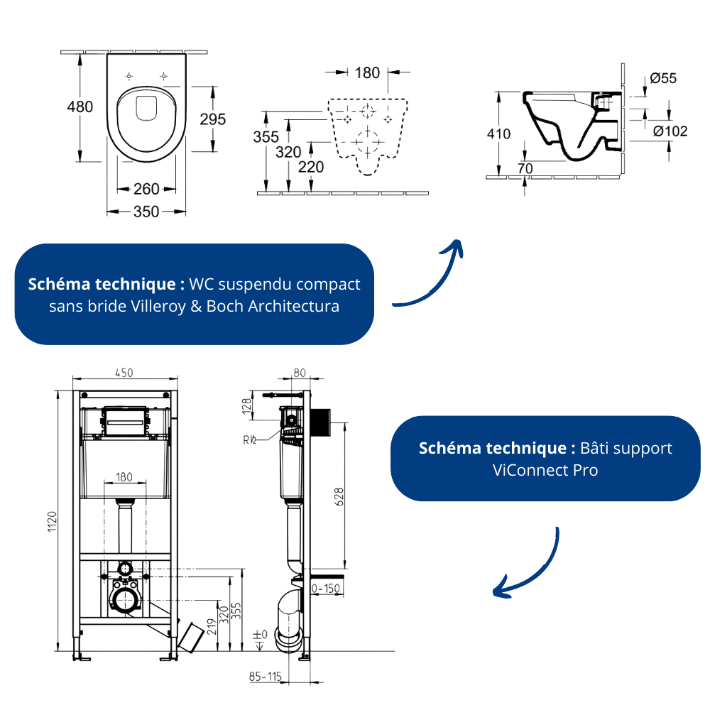 Le schéma technique du Pack WC sans bride compact VILLEROY ET BOCH Architectura avec abattant frein de chute + bâti-support sol 