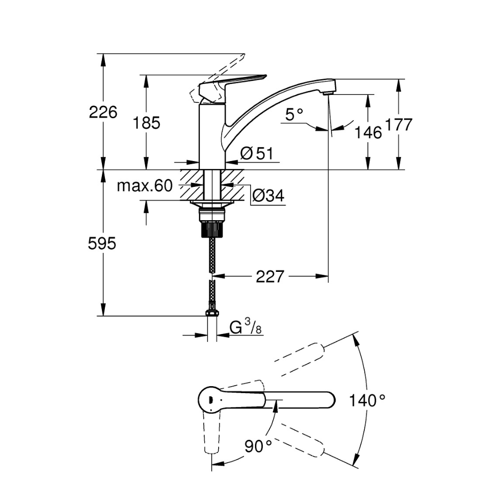 schéma technique Robinet de cuisine GROHE Quickfix Start 2021 ouverture froide