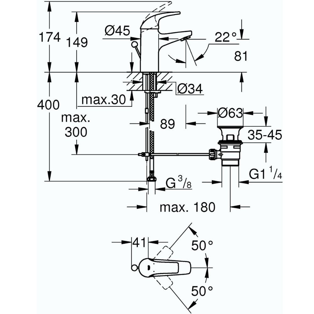 schéma technique mitigeur lavabo grohe start
