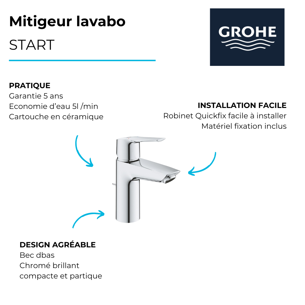 avantages Mitigeur lavabo GROHE Quickfix Start 2021 avec tirette et vidage chromé taille S
