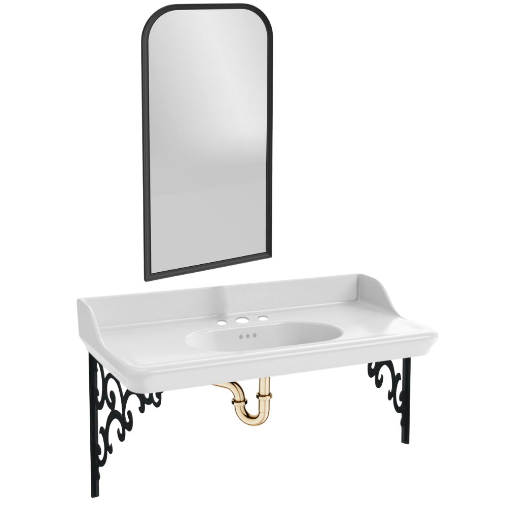 Plan vasque suspendu 3 trous JACOB DELAFON Cléo 1889 avec équerres métal noir + miroir + siphon or