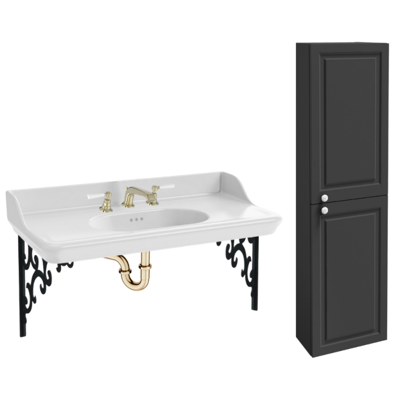 Plan vasque suspendu 3 trous JACOB DELAFON Cléo 1889 avec équerres métal noir + colonne droite + mélangeur poignée lavabo or + s